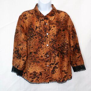 Harris Wallace Silk Animal Print Top Womens Large L Brown Blouse Lace Trim C13